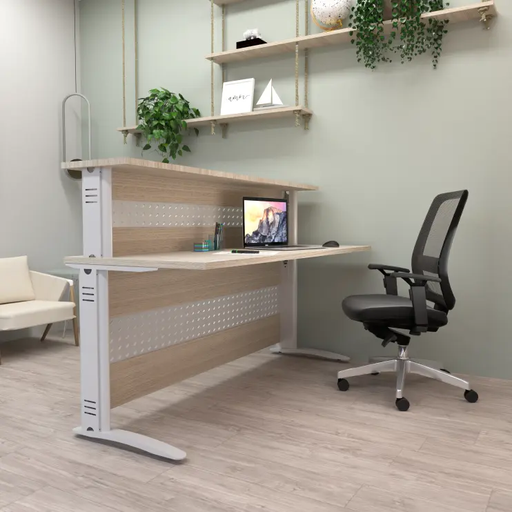 BALCÃO DE ATENDIMENTO RETO COM MEZANINO E PÉ DE AÇO