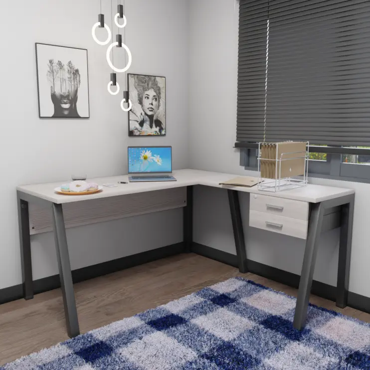 MESA EM L COM PÉ TRAVE DE AÇO COM GAVETEIRO FIXO