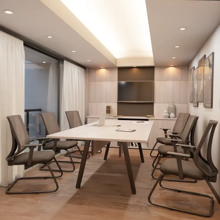 MESA DE REUNIÃO RETANGULAR COM PÉ DE AÇO E CAIXA DE TOMADA