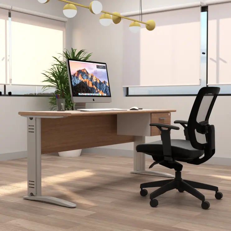 MESA RETA COM PÉ DE AÇO E GAVETEIRO FIXO