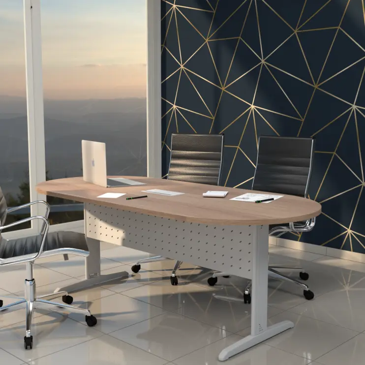 MESA DE REUNIÃO OVAL COM CAIXA DE TOMADA E PÉ DE AÇO
