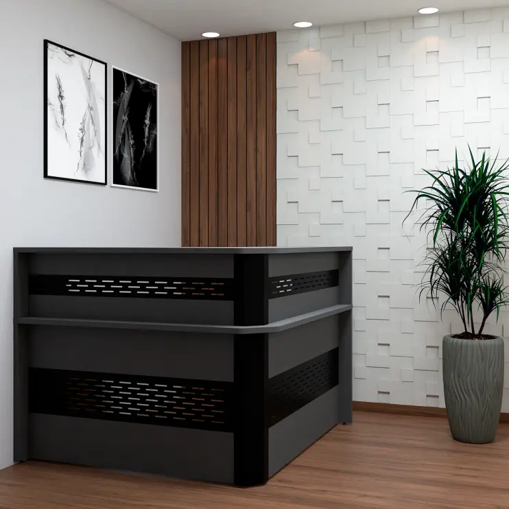 BALCÃO DE ATENDIMENTO EM L COM DETALHES EM AÇO