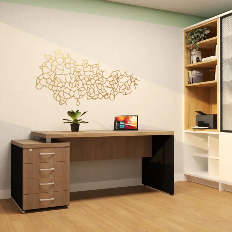 MESA RETA COM PÉ GAVETEIRO DE 4 GAVETAS