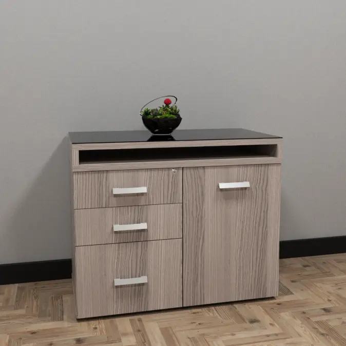 ARMÁRIO BAIXO DE 3 GAVETAS COM PORTA LATERAL E TAMPO DE VIDRO