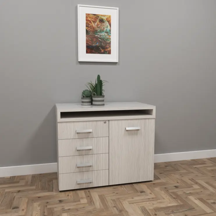 ARMÁRIO BAIXO DE 4 GAVETAS COM PORTA LATERAL E TAMPO DE VIDRO