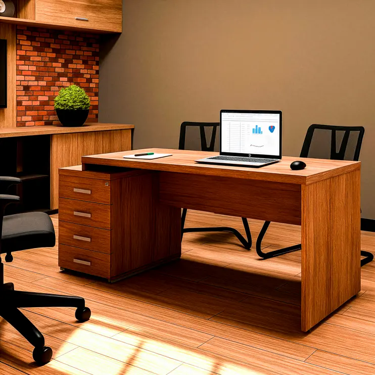 MESA RETA COM PÉ GAVETEIRO DE 4 GAVETAS