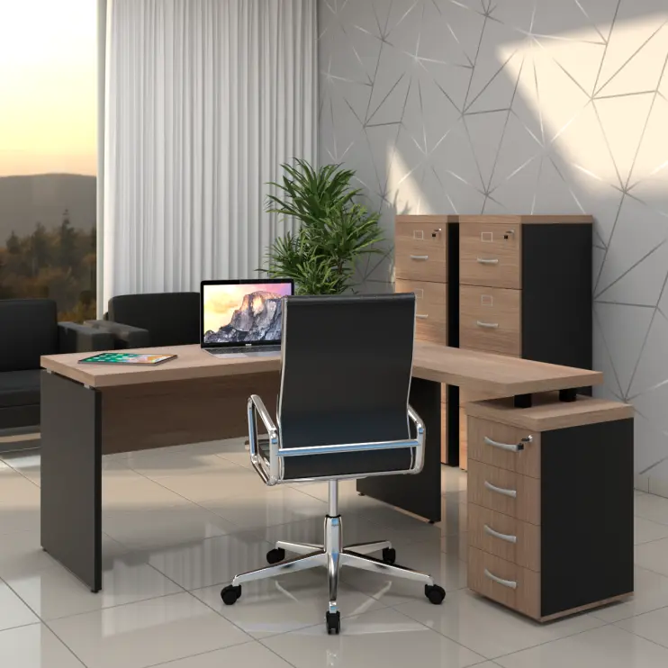 MESA DIRETOR EM "L" COM PÉ GAVETEIRO