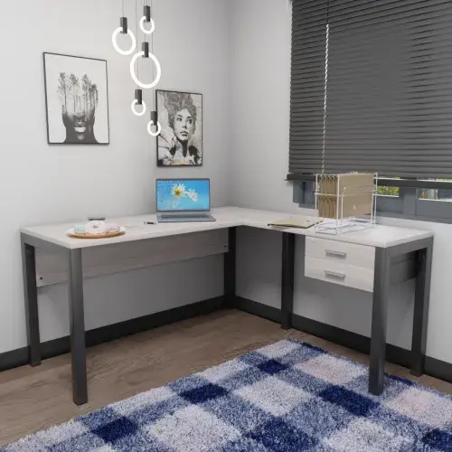 MESA EM L COM PÉ TRAVE DE AÇO COM GAVETEIRO FIXO