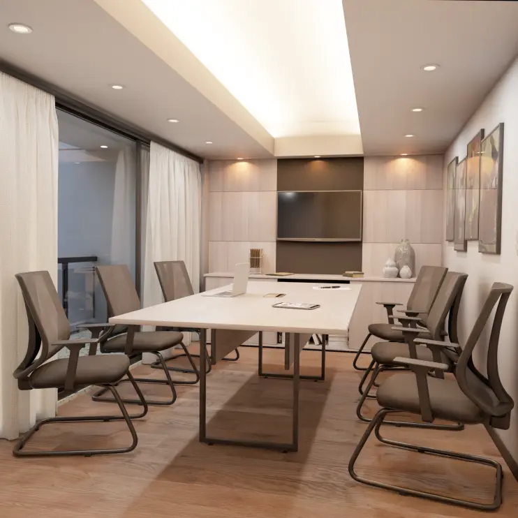 MESA DE REUNIÃO RETANGULAR COM PÉ DE AÇO E CAIXA DE TOMADA