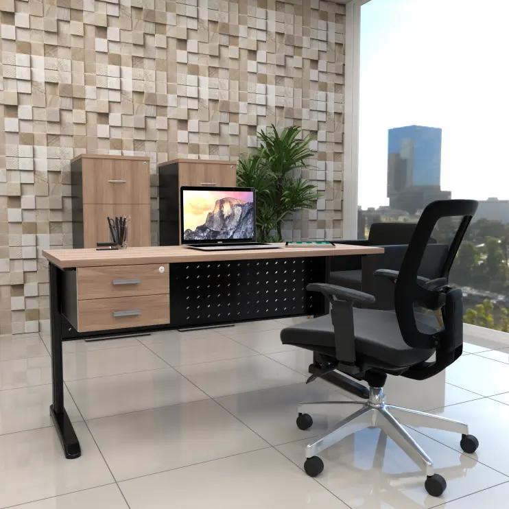 MESA RETA COM PÉ DE AÇO E GAVETEIRO FIXO