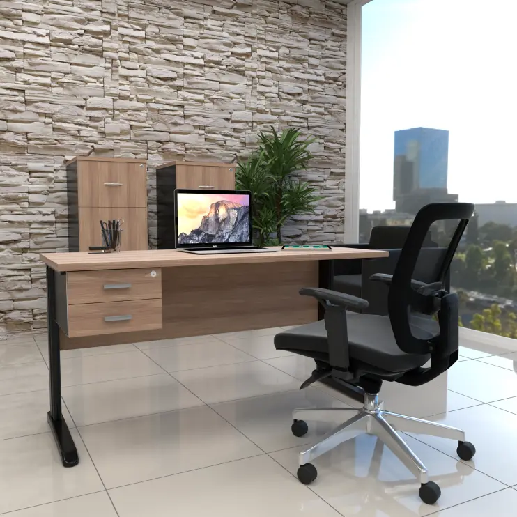 MESA RETA COM PÉ DE AÇO E GAVETEIRO FIXO