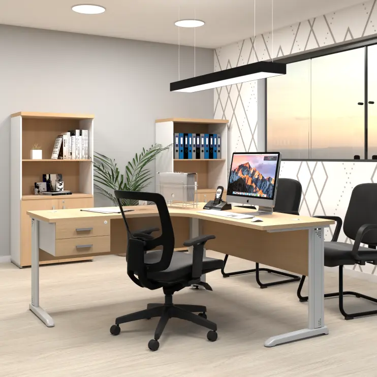 MESA DELTA PARA ESCRITÓRIO COM SAIA EM MDP E GAVETEIRO FIXO