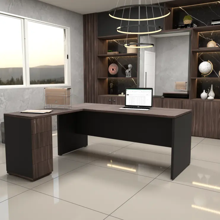 MESA EM L COM PÉ GAVETEIRO