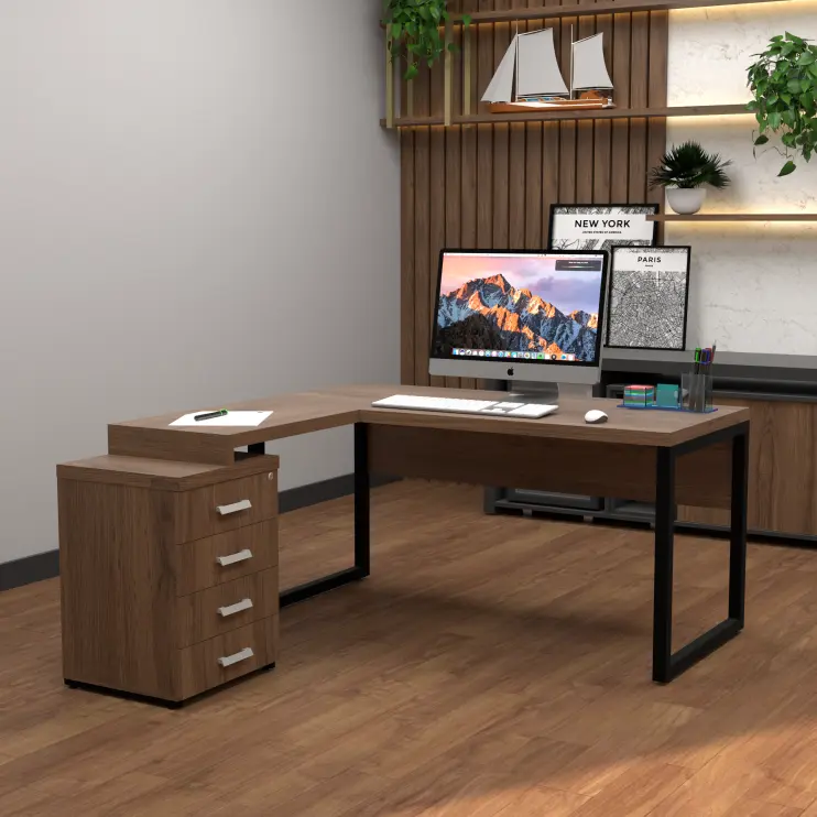 MESA EM L COM PE DE AÇO E LATERAL COM 4 GAVETAS