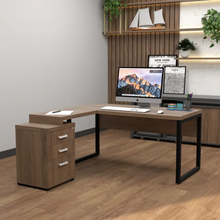 MESA EM L COM PE DE AÇO E LATERAL COM 3 GAVETAS