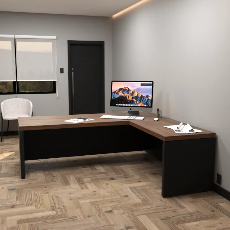 MESA EM L COM PÉ AMADEIRADO