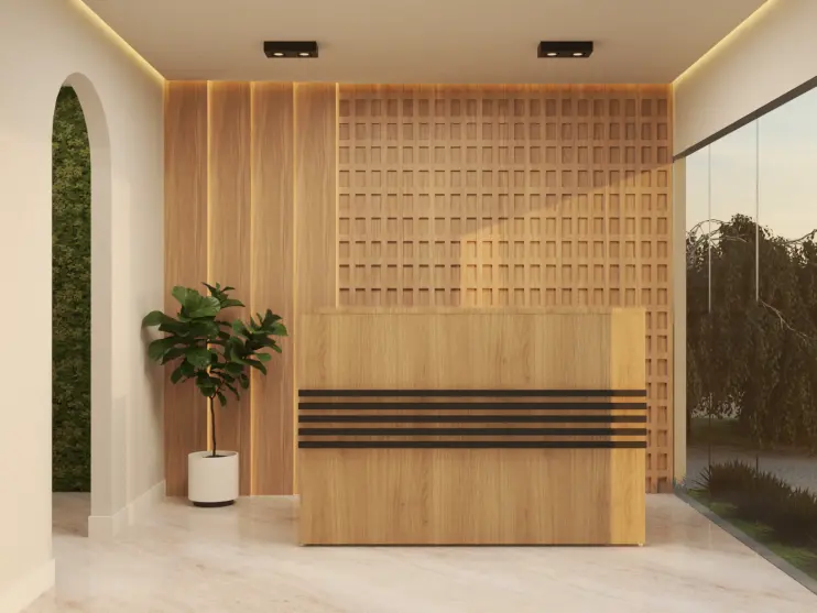 BALCÃO DE ATENDIMENTO RETO COM DETALHE EM SARRAFOS