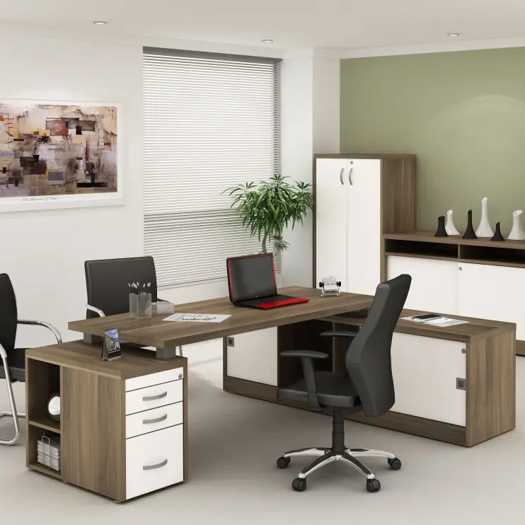 MESA DIRETIVA TAMBURATTO COM ARMÁRIO LATERAL E PÉ GAVETEIRO